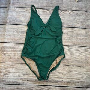 Kona Sol Tie-front Ruched Full Coverage One Piece Swimsuit Green Size Large